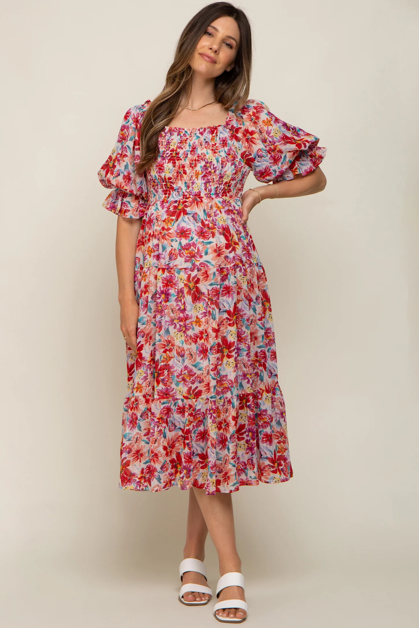 Red Floral Shimmer Chiffon Ruffle Square Neck Smocked Maternity Midi Dress | PinkBlush Maternity
