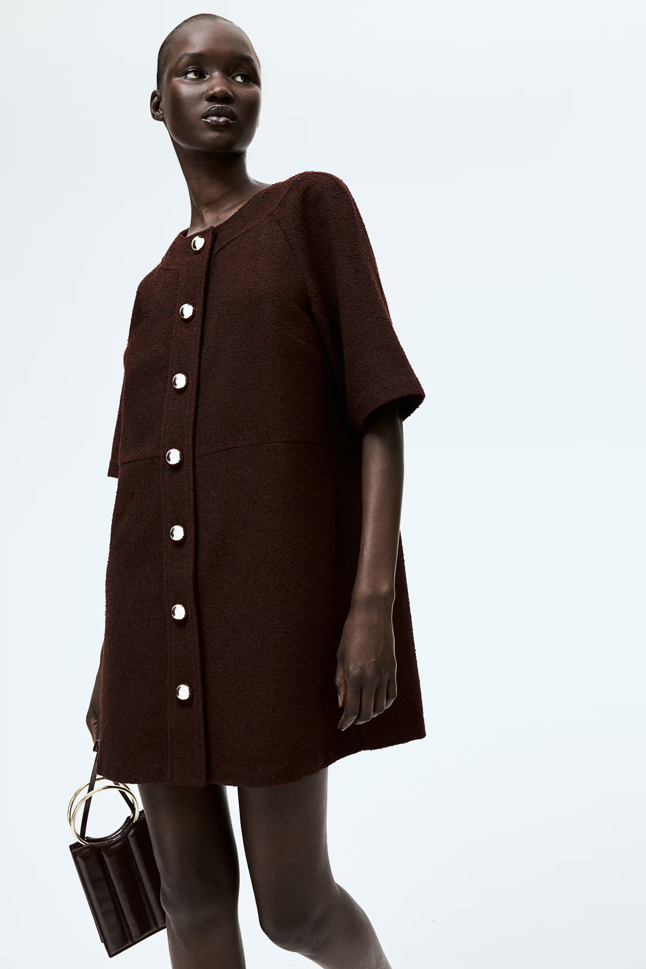 Button-Front Dress - Round Neck - Short sleeve - Burgundy - Ladies | H&M US | H&M (US + CA)