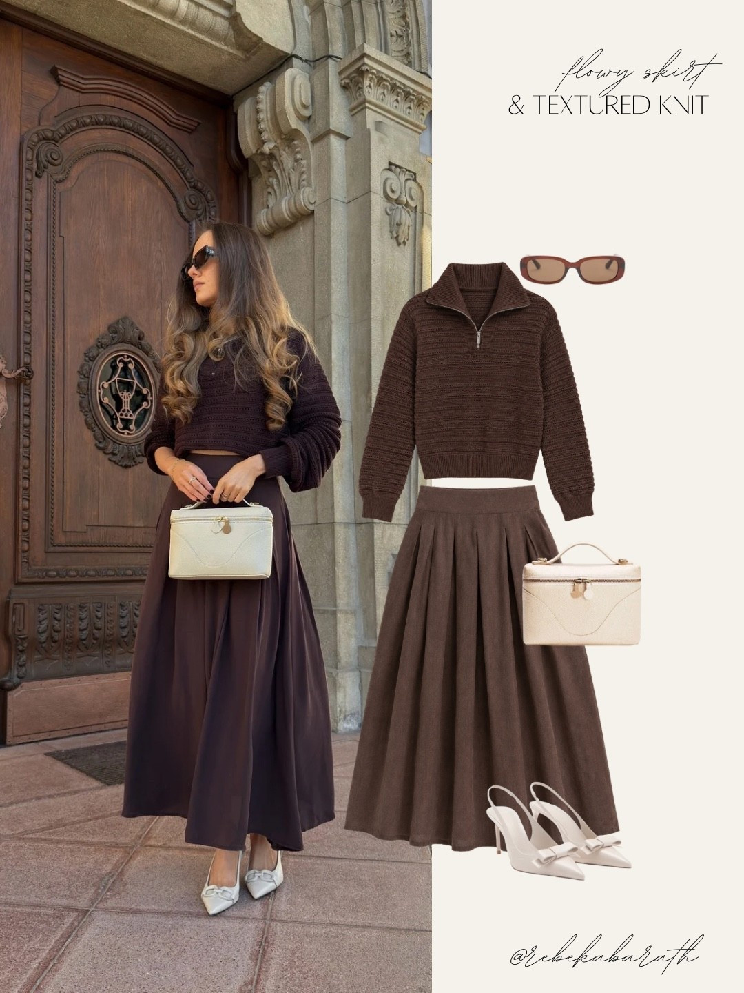 flowy skirt & textured knit ✨ 

chocolate tones | brown outfit | fall outfit | saint + sofia | monochrome looks

#LTKootd