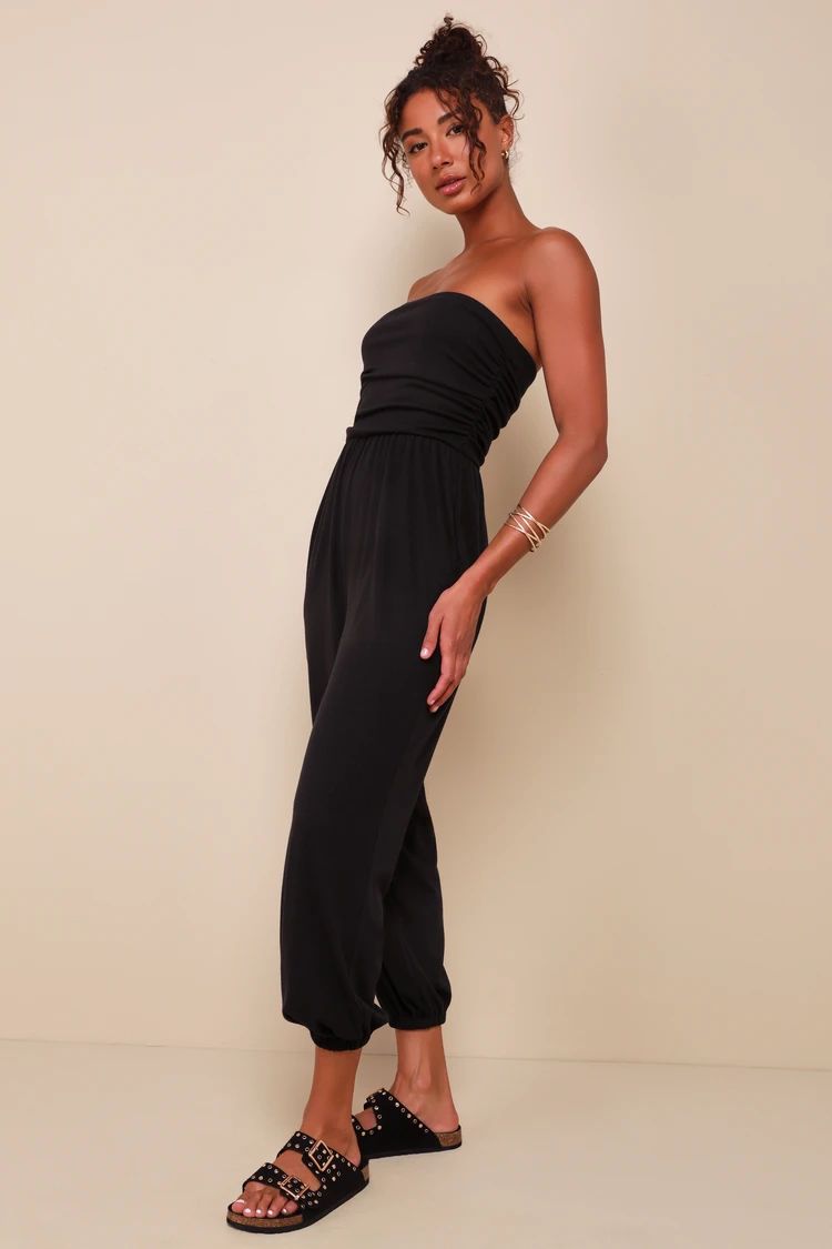 Flawless Comfort Black Ruched Strapless Jogger Jumpsuit | Lulus