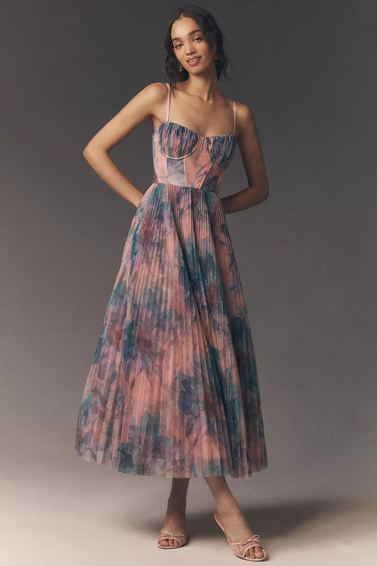 Hutch Amara Corset Pleated Tulle Fit & Flare Midi Dress | Anthropologie (US)