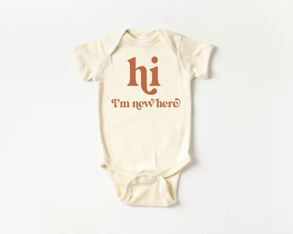Burnt orange and natural retro baby "hi i'm new here" bodysuit | neutral baby outfit | bringing h... | Etsy (US)