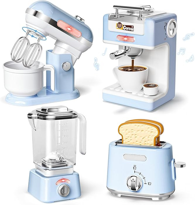 Kids Kitchen Toys Set, BPA-Free 7 Piece Pretend Play Appliances with Light Sound, Coffee Maker Bl... | Amazon (US)