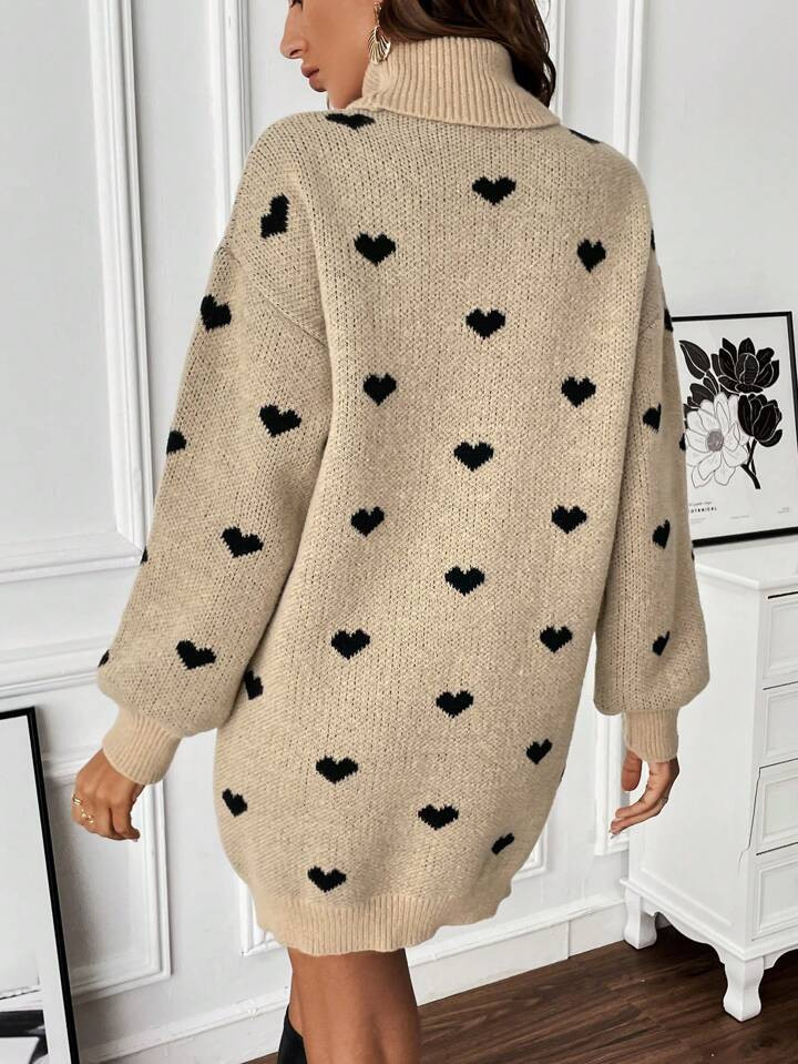 SHEIN LUNE Heart Pattern Turtleneck Drop Shoulder Sweater Dress | SHEIN