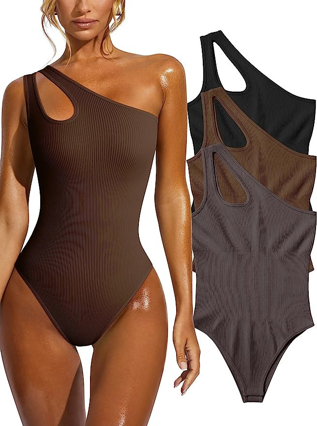 OQQ Women's 3 Piece Bodysuits Sexy Ribbed Sleeveless One Shoulder Tank Tops Exercise Bodysuits | Amazon (US)