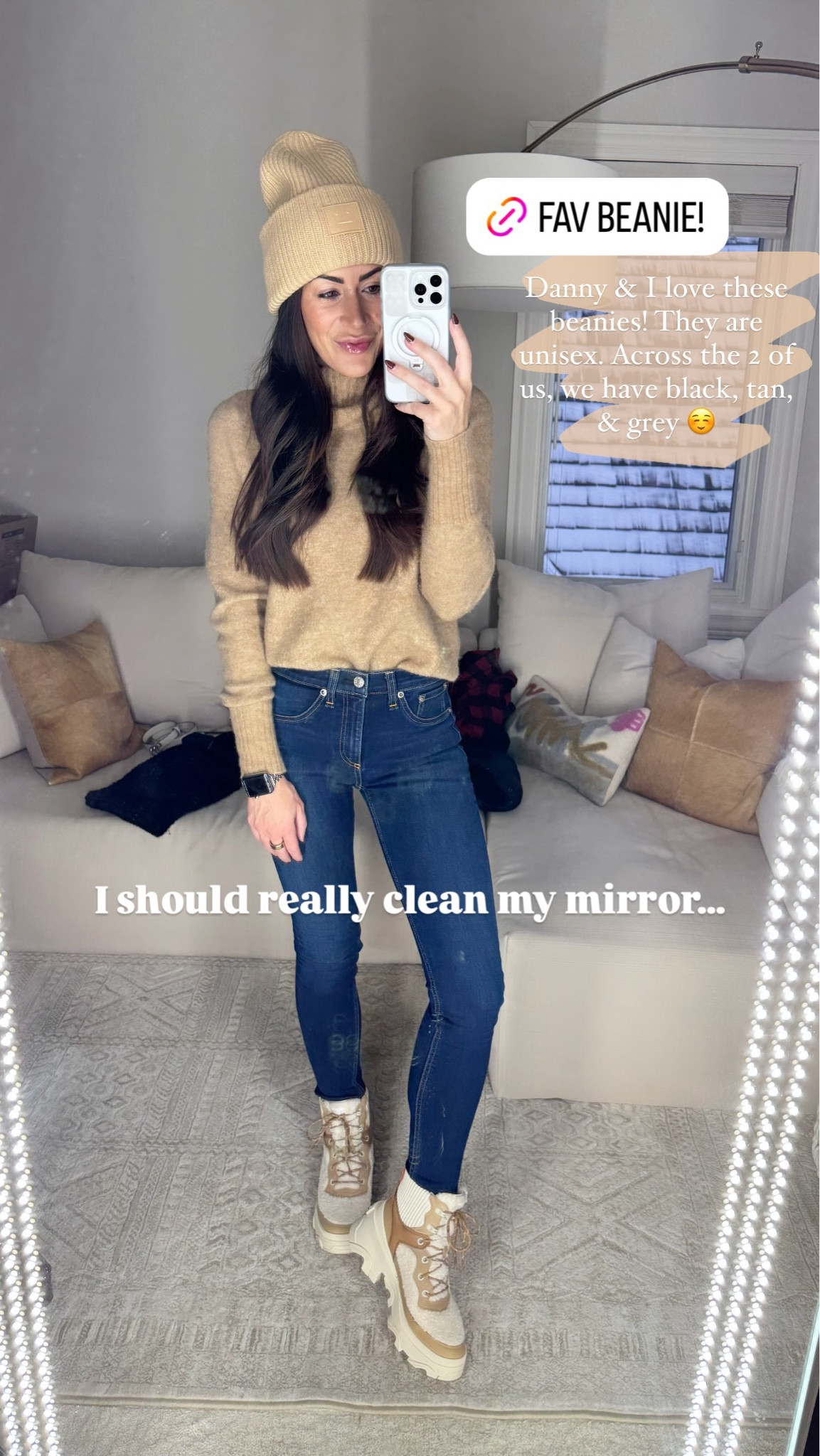 I should really clean my mirror… Danny & I love these beanies! They are unisex. Across the 2 of us, we have black, tan, & grey ☺️