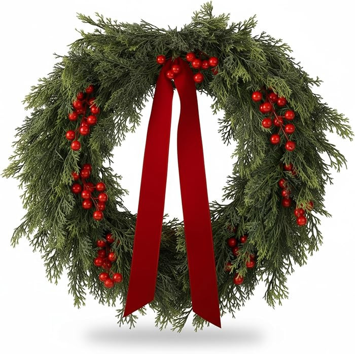 24'' Artificial Cedar Wreath for Front Door Christmas Wreaths Faux Cedar Decorated with Berry and... | Amazon (US)