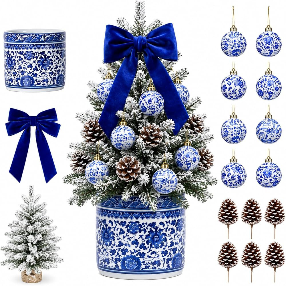 Blue White Chinoiserie Christmas Tree Table Decor Set, Planter Bow | Amazon (US)