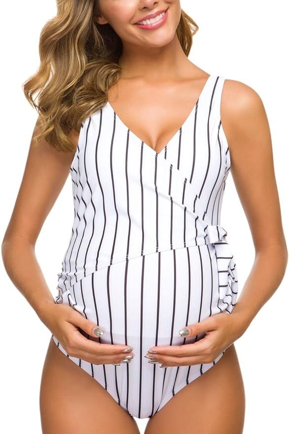 Tempotrek Maternity Swimsuit One Piece Elegant V Neck Pregnancy Swimwear Tie Front Bowknot Bathin... | Amazon (US)