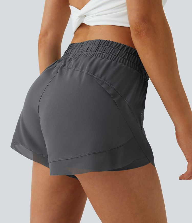 Mid Rise Drawstring Contrast Mesh 2-in-1 Flowy Running Shorts 3'' | HALARA
