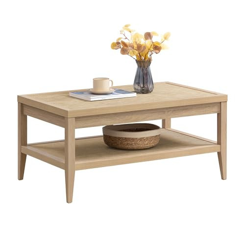 SICOTAS Rattan Coffee Table for Living Room - Boho Rectangular Dining Center Table with 2 -Tiers Rattan Storage Shelf, Farmhouse Accent Table for Living Room, Home Office, Light Oak | Amazon (US)