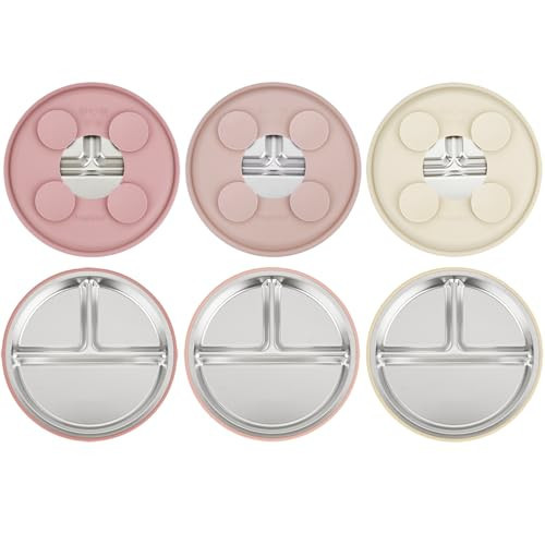 PandaEar 3 Pack Stainless Steel Baby Suction Plates, Divided Toddler Plate for Baby Led Weaning Supplies, Non-Slip Toddler Baby Feeding Set Dishwasher Safe (Pink/Linen/Light Pink) | Amazon (US)