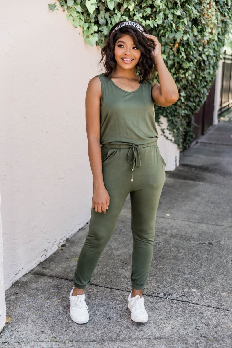 Let's Be Happy Olive Jumpsuit | The Pink Lily Boutique