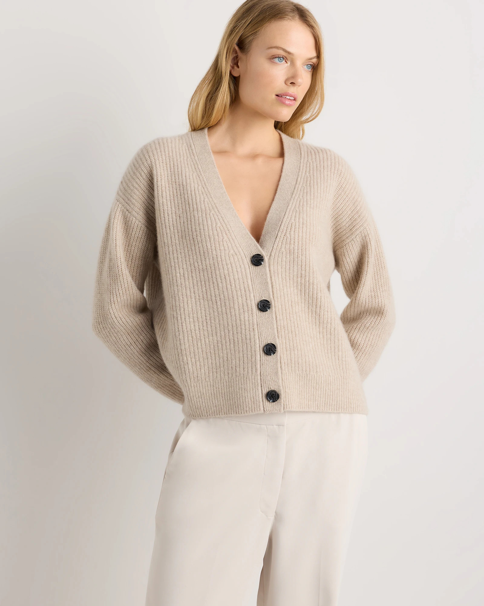 Quince | Women's Mongolian Cashmere Fisherman Boxy Cropped Cardigan Sweater in Undyed Natural Heather, Size XS | Quince