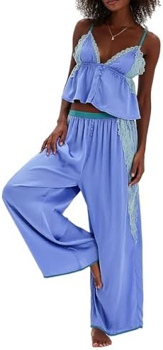 Aonoapll Women Satin Silk Pajama Set Lace Ruffle Cami Top and Pants Lounge Set 2 Piece Silky Pjs ... | Amazon (US)
