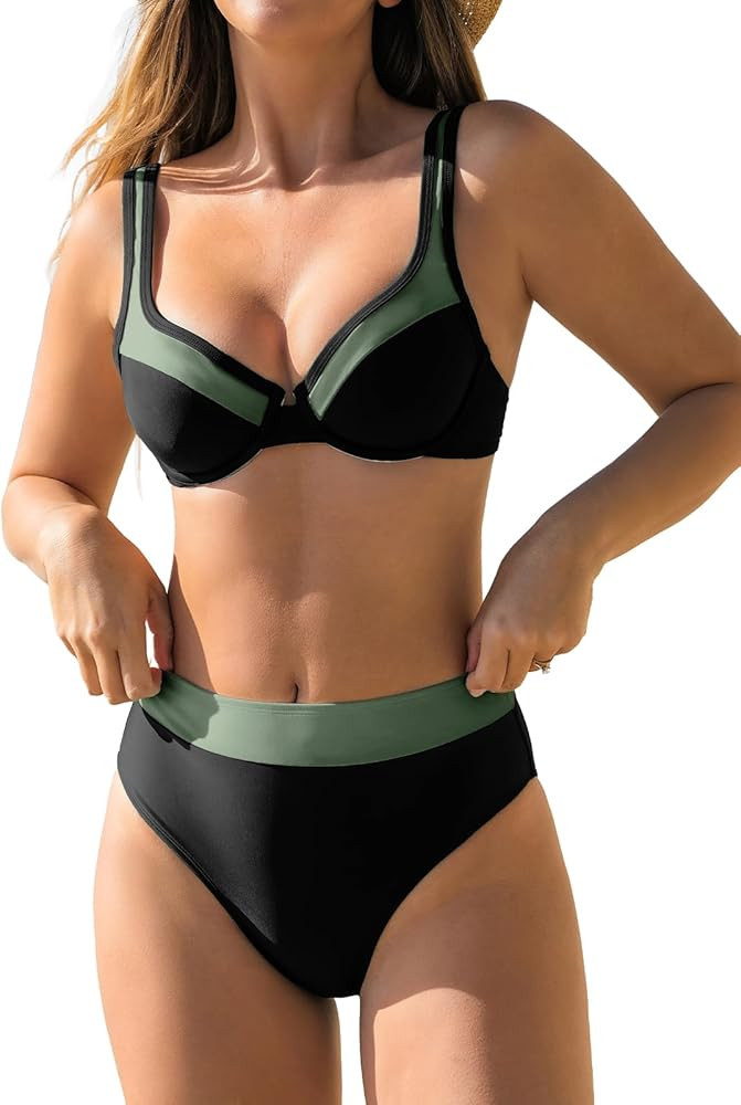 CUPSHE Women's Bikini Sets Two Piece Bathing Suit High Waisted Underwire Wide Adjustable Straps C... | Amazon (US)