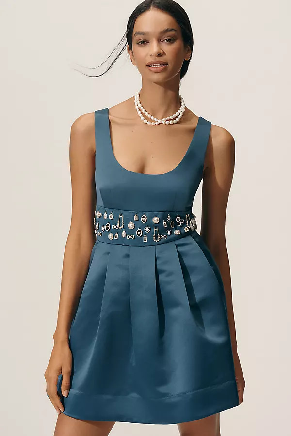 Maeve Satin Belted Charm Mini Dress | Anthropologie (US)