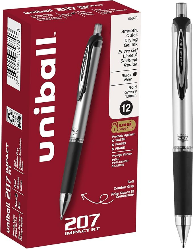 uniball 207 Impact Retractable Gel Pens, Bold Point (1.0mm), Black, 12 Pack | Amazon (US)