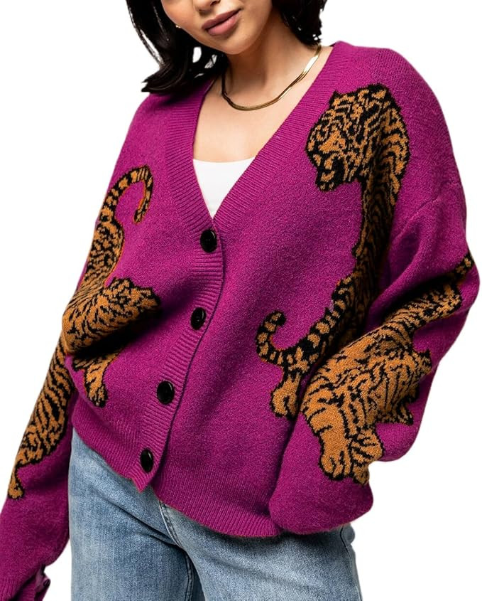 Women Tiger Print Cardigan Sweater Long Sleeve Button Down Knitwear Loose Fit Cropped Cardigan Cu... | Amazon (US)