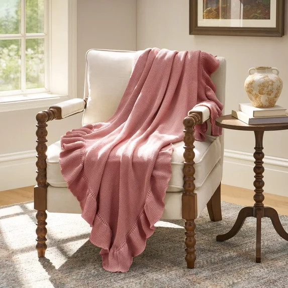 The Pioneer Woman Ruffle Knit Oversized Couch Throw Blanket, Pink, 50 x 72 in | Walmart (US)