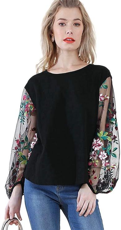 Umgee Women's Floral Embroidered Sheer Puff Sleeve Top | Amazon (US)