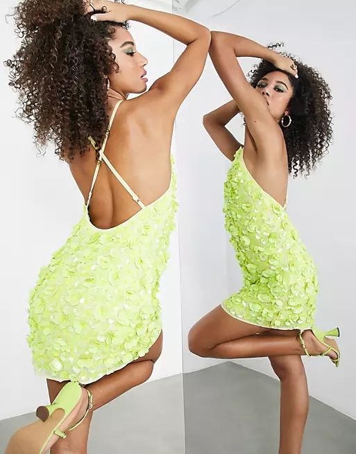 ASOS EDITION backless mini dress in 3d embellished floral in neon yellowwindow.asos.performance.m... | ASOS (Global)