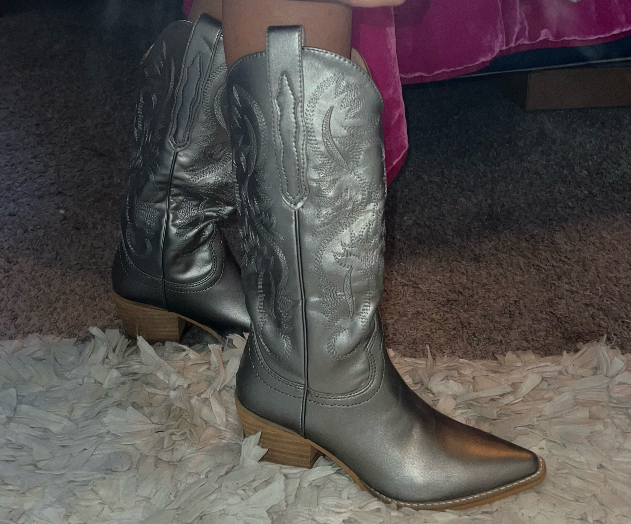 The cutest silver / metallic cowboy boots! This exact pair is from Amazing Lace. They are so comfy and definitely the star of the show!

#LTKshoecrush #LTKstyletip #LTKsalealert