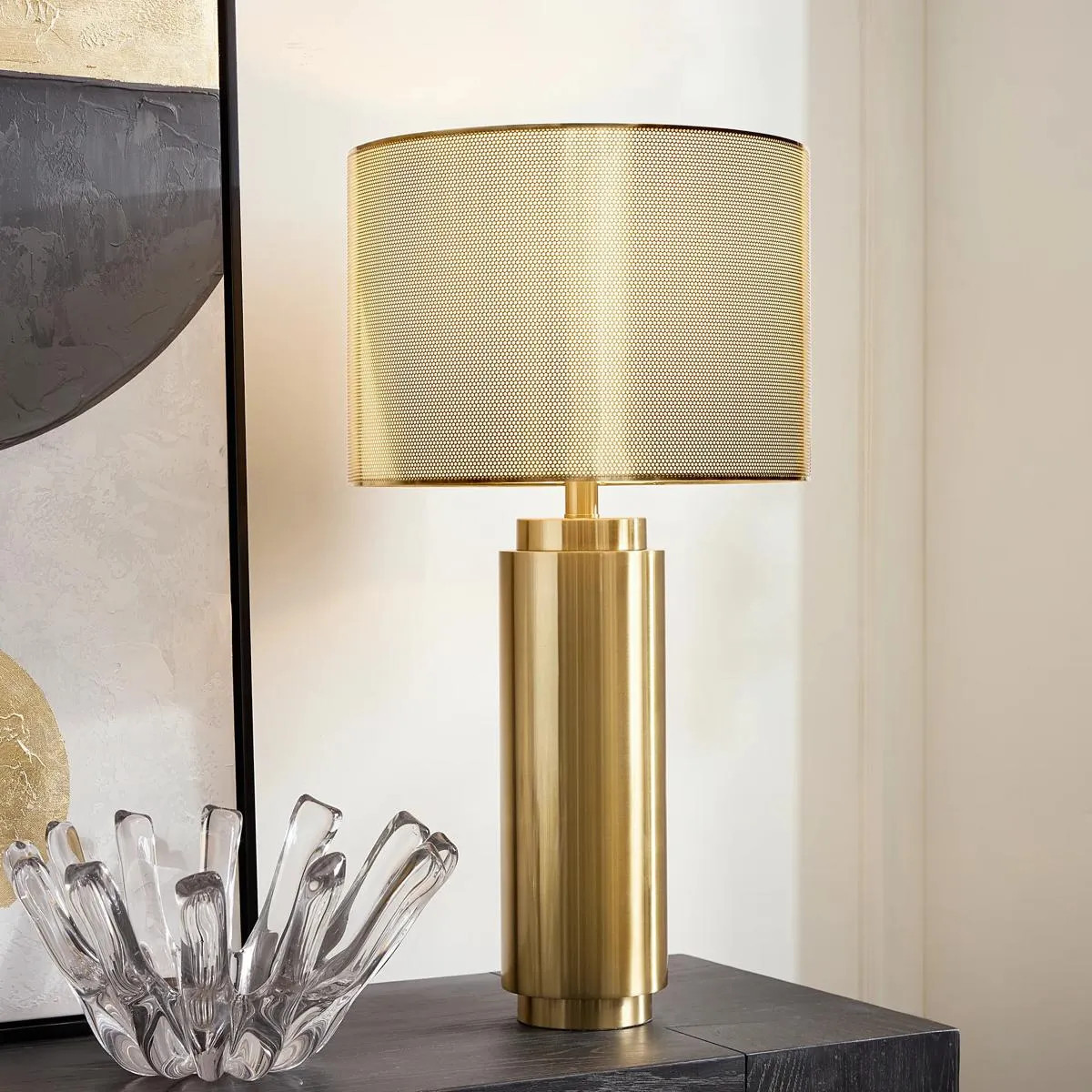 Sibyl Metal Table Lamp | Gold | Lighting | Z Gallerie | 15"D x 26"H | Iron in aged brass finish,Shade - Perforated metal & cotto | Z Gallerie