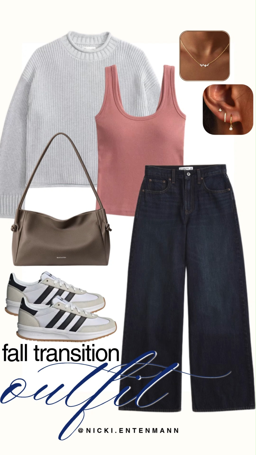 Ease into the new season with this chic fall transition outfit. A dusty pink ribbed tank, dark wash wide leg jeans, and retro Adidas sneakers pair perfectly with a cozy sweater, taupe bag, and gold jewelry. #falltransition #falloutfits #casualstyle #everydayfashion #outfitinspiration #capsulewardrobe #streetstyle #autumnfashion #shoppinghaul #modernliving 🍂👟👜 

 #LTKdayinmylife #LTKootd #LTKSaleAlert