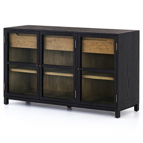 Clarence Rustic Lodge Matte Black Oak Wood Clear Glass 3 Door Sideboard | Kathy Kuo Home