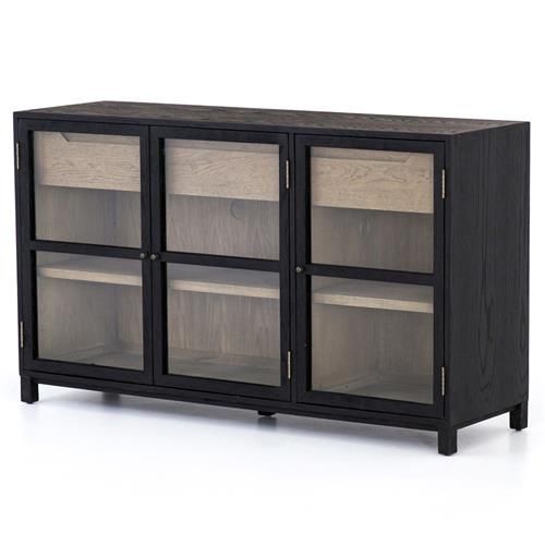 Clarence Rustic Lodge Matte Black Oak Wood Clear Glass 3 Door Sideboard | Kathy Kuo Home