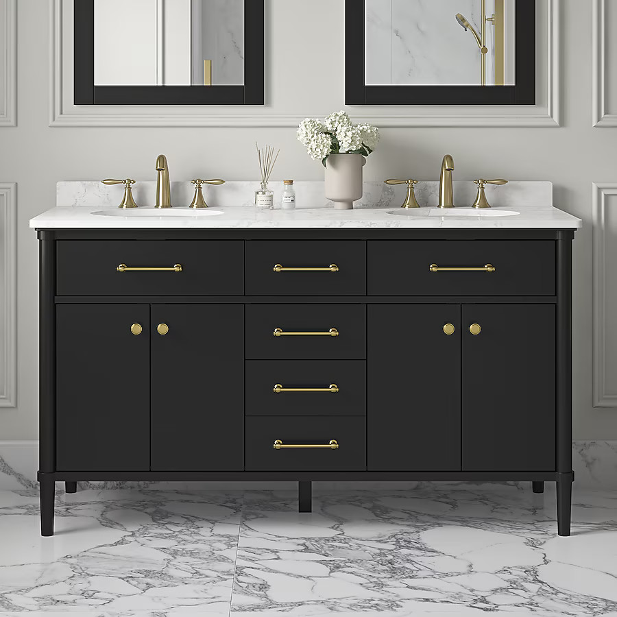 allen + roth Rian 60-in Black Undermount Double Sink Bathroom Vanity with White Engineered Marble... | Lowe's