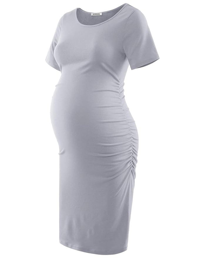 GINKANA Maternity Bodycon Dress Short Sleeve Ruched Sides Casual Pregnancy Clothes | Amazon (US)