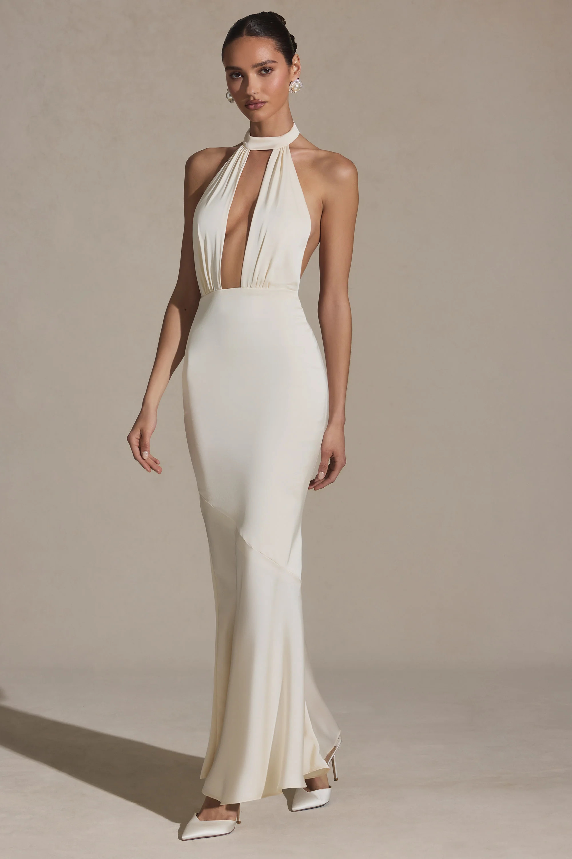 Backless Halterneck Fishtail Gown in Ivory | Oh Polly