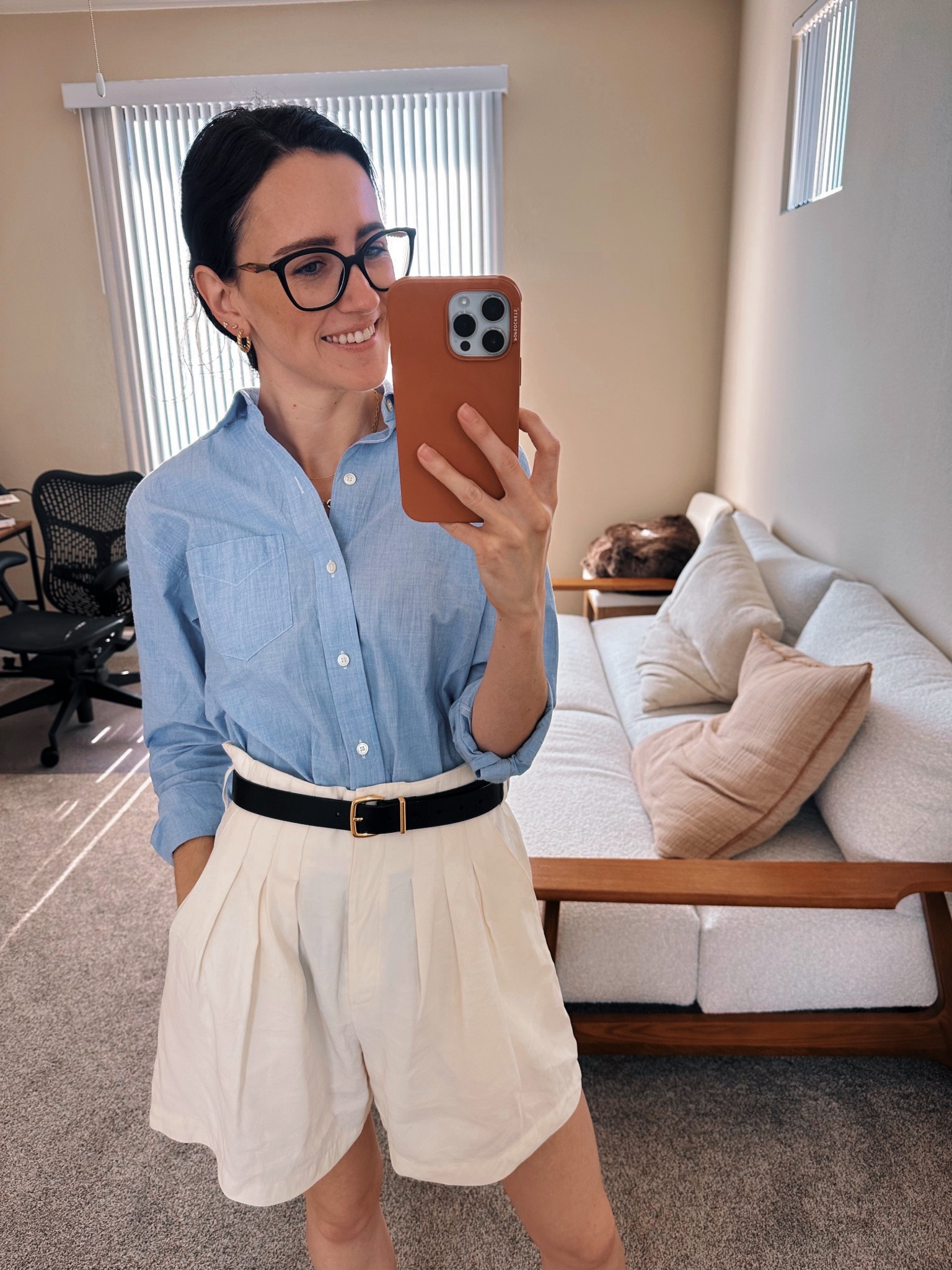 A little summer ootd 🩵🤍🖤 if I had a brown belt I would opt for that but I think the black still looks cute! I’m so happy I got this blue button down shirt for summer - it’s so versatile and lightweight! Wearing an XS 

#LTKSeasonal #LTKStyleTip