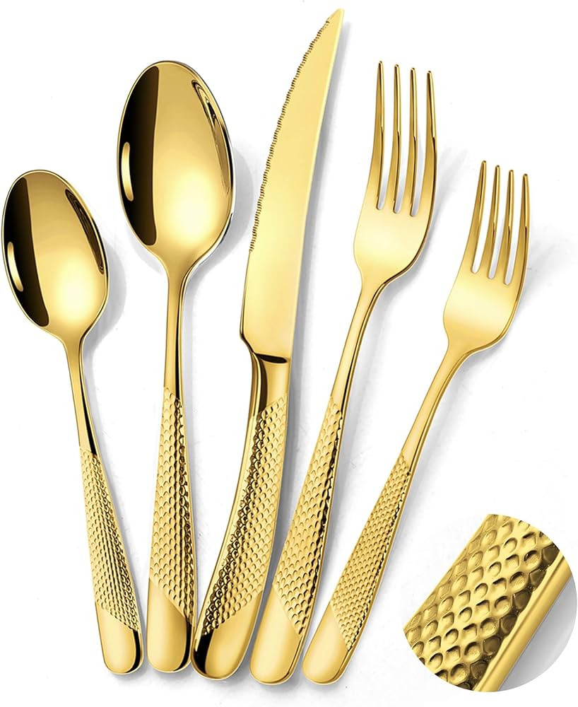 Lemeya 20-Piece Hammered Gold Silverware Set for 4 with Serrated Forging Knives,18/10 Stainless S... | Amazon (US)