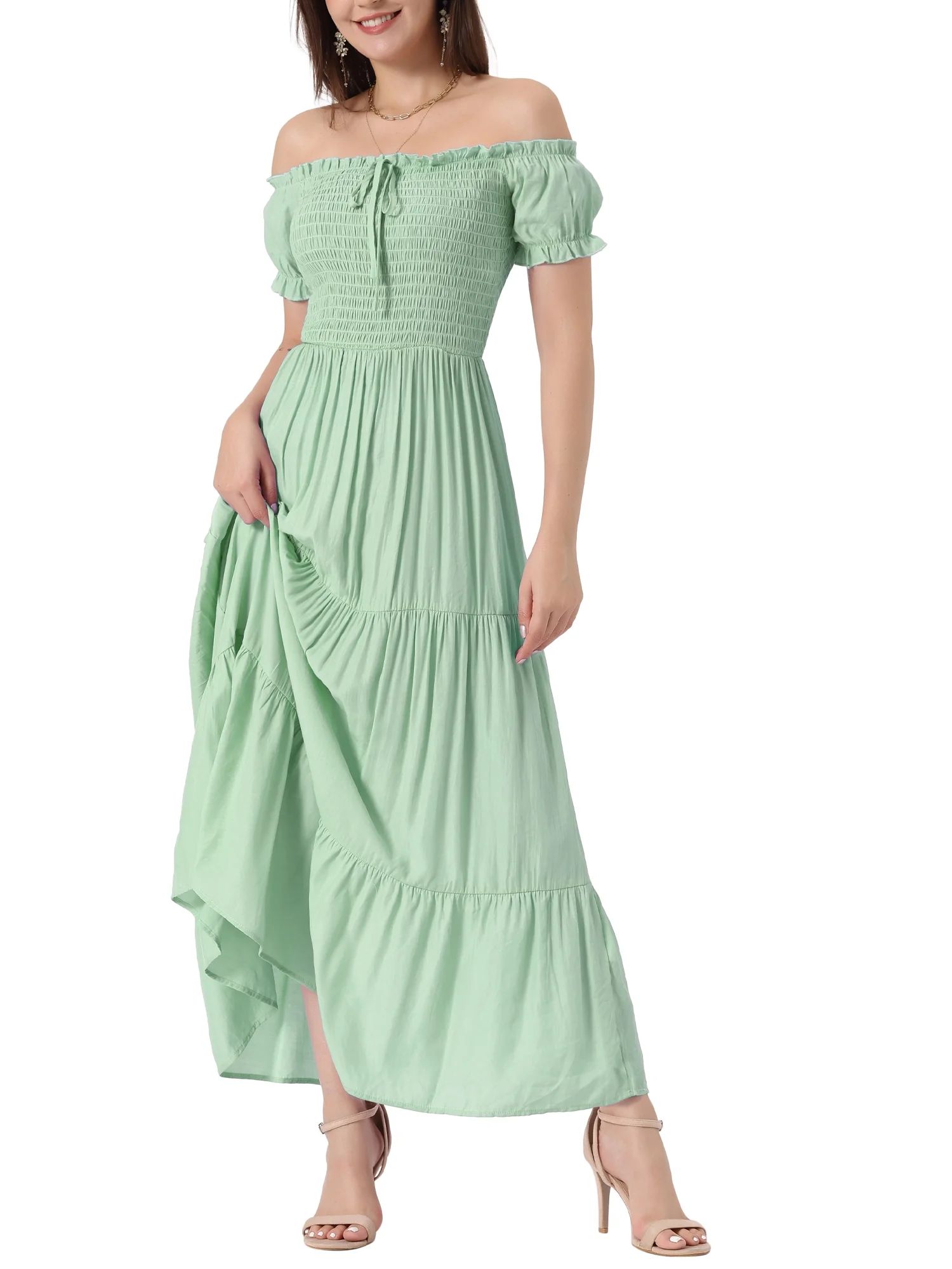 Smocked Tiered Dress for Women’s Round Neck Puff Sleeves Ruffle Midi Dresses | Walmart (US)