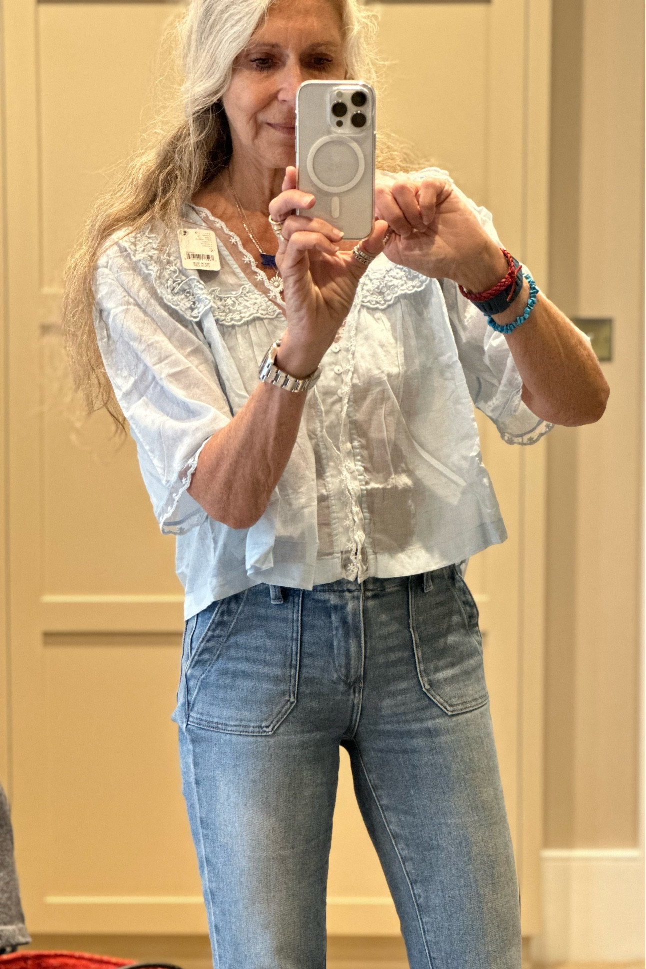 Couldn’t resist sharing this ultra feminine, finest cotton Luna top from Free People, this one is the palest blue & holiday perfect!
Paired with cropped Paige Mayslie jeans. 
#denim #over50 #cottonandlace

#LTKover50style #LTKsummer #LTKeurope