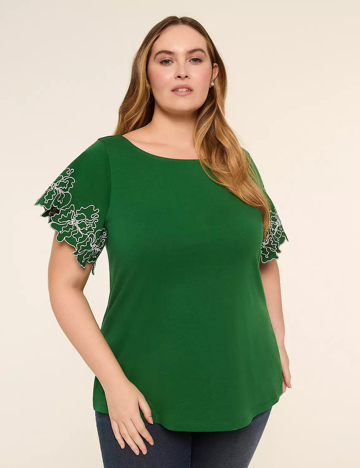 Embroidered Short-Sleeve Boat-Neck Top | Lane Bryant (US)