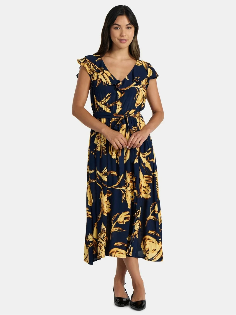 Time and Tru Women's and Women's Plus Ruffle Midi Dress with Flutter Sleeves, Sizes XS-4X | Walmart (US)
