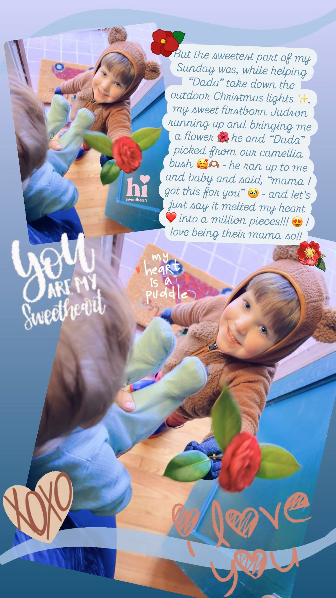 But the sweetest part of my Sunday was, while helping “Dada” take down the outdoor Christmas lights ✨, my sweet firstborn Judson running up and bringing me a flower 🌺 he and “Dada” picked from our camellia bush 🥰🫶🏽 - he ran up to me and baby and said, “mama I got this for you” 🥹 - and let’s just say it melted my heart ❤️ into a million pieces!!! 😍 I love being their mama so!!

#LTKBaby #LTKFamily #LTKKids