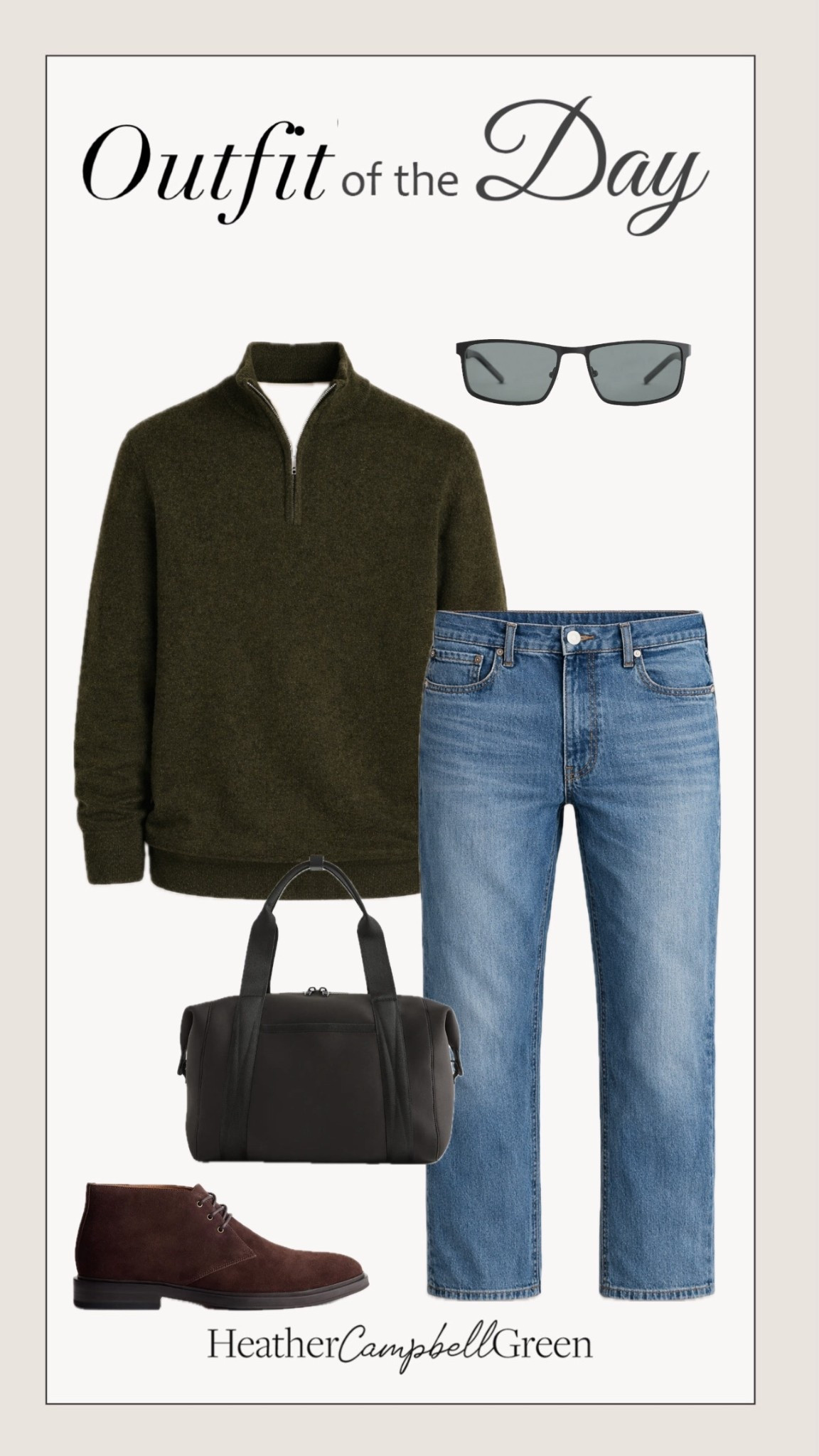 This is that classic off-duty men's uniform that always works.
A @onequince olive green quarter zip paired with light wash straight leg jeans gives that relaxed but intentional look. 
Styled with brown boots and a duffle bag, it feels practical, masculine, and elevated at the same time.
This is one of those outfits that looks just as good grabbing coffee as it does heading out of town.
#quincepartner
