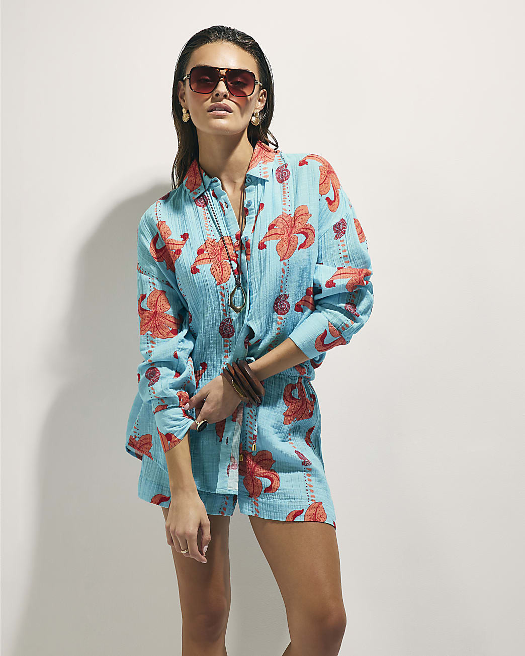 Blue Palm Print Beach Shirt | River Island UK & IE