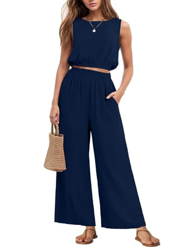 GRECERELLE 2 Piece Sets for Women Summer Sleeveless Crop Top Wide Leg Pants Resort Wear for Women 2026 Dark Blue-S | Amazon (US)