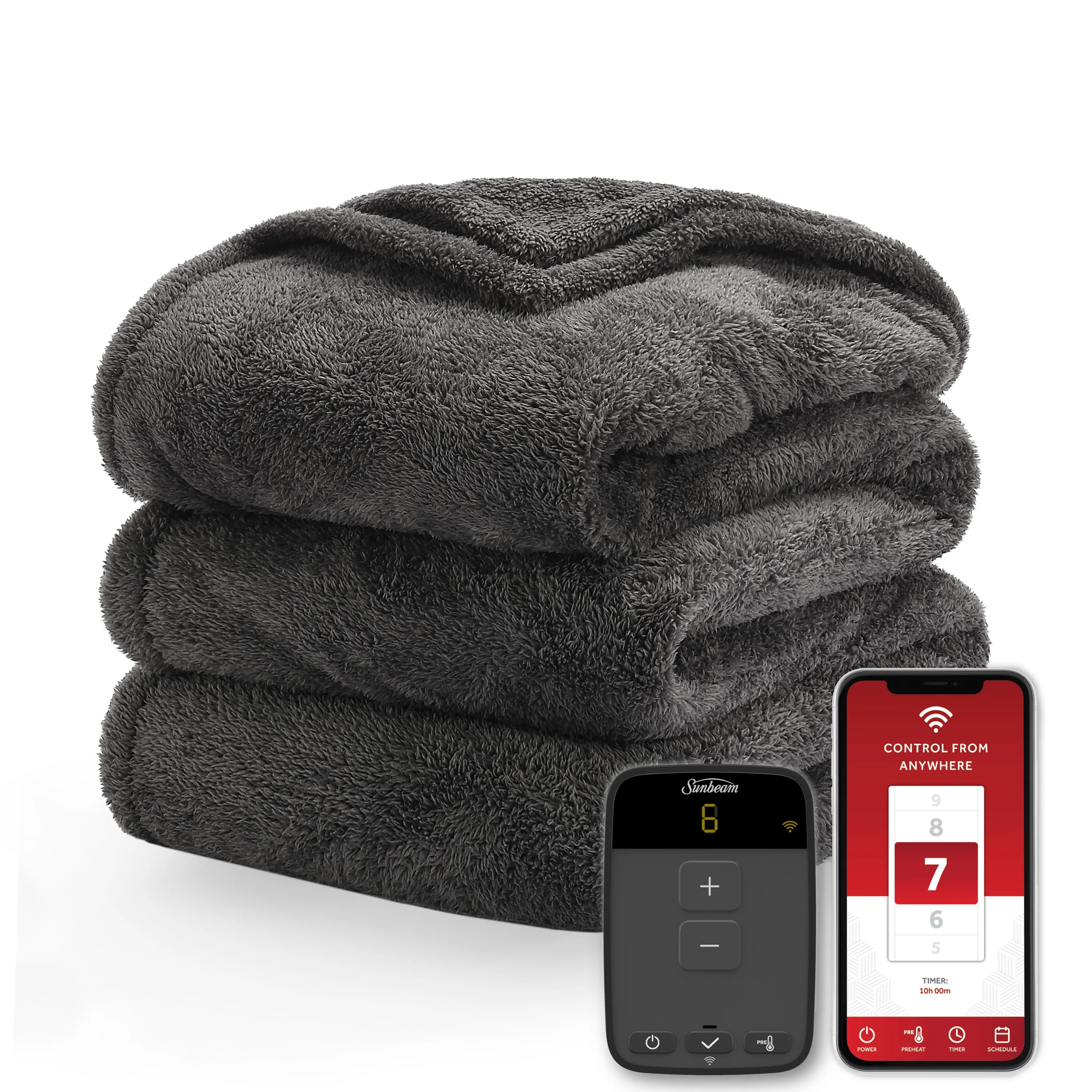 Sunbeam Loftec Wi-Fi Connected Electric Heated Blanket, Slate Gray, Full | Walmart (US)
