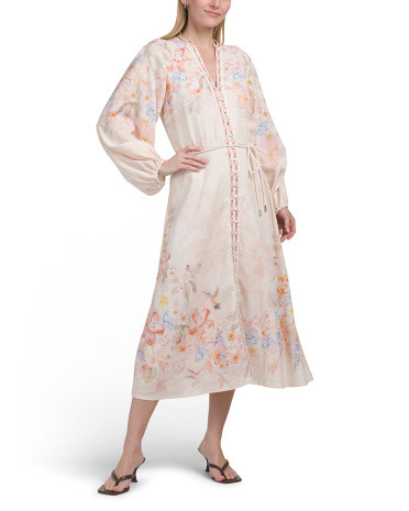 Linen Blend Printed Long Sleeve Maxi Dress With Rope Belt | TJ Maxx