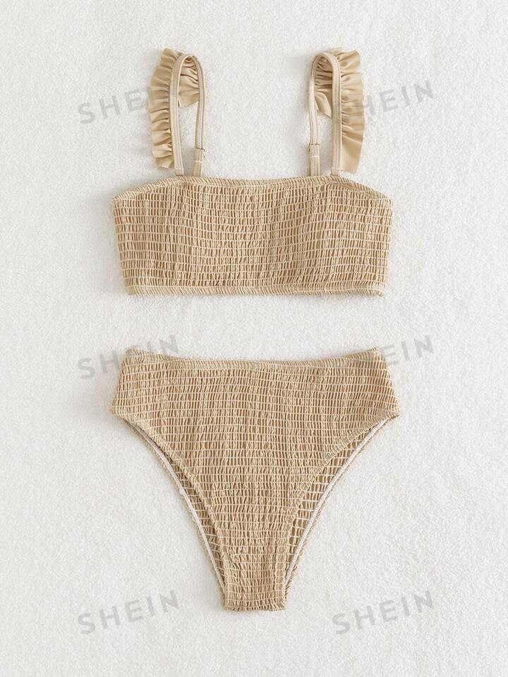 SHEIN Swim Basics Solid Bikini Set Smocked Frill Trim Bra & High Waisted Bottom 2 Piece Bathing S... | SHEIN