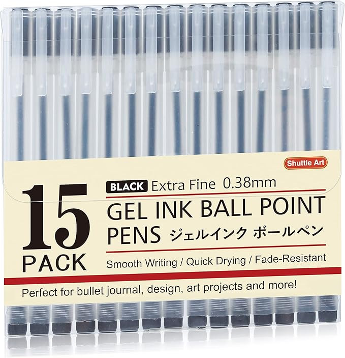 Gel Ink Ball Point Pens, Shuttle Art 15 Pack Black Japanese Style Pens, 0.38mm Extra-Fine Ballpoi... | Amazon (US)