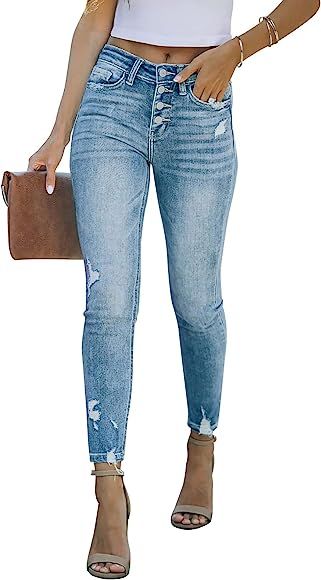 KUNMI Women's Ripped High Waisted Skinny Jeans Button Fly Distressed Stretchy Denim Pants | Amazon (US)