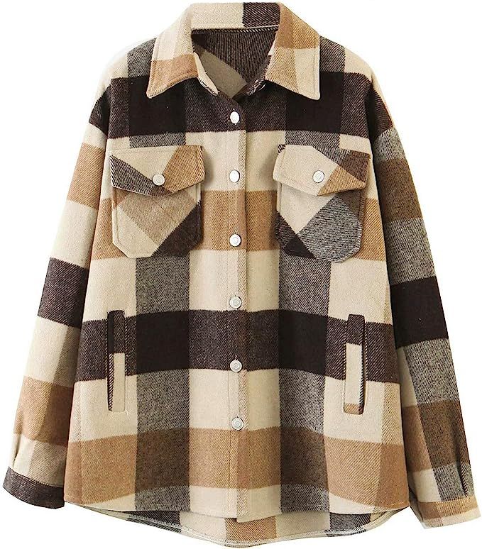 Womens Plaid Jacket Long Sleeve Lapel Button-Down Shirts Wool Blend Shacket Coat Casual Tops Outw... | Amazon (US)